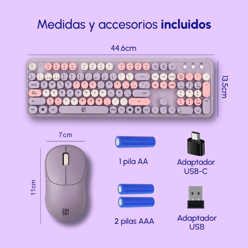 Combo de Teclado Retro y Mouse inalámbrico Dudu Lila