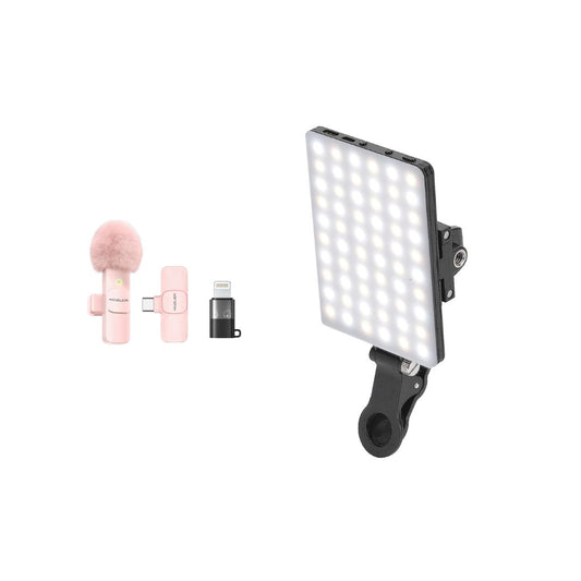 Pack Luz led + Micrófono para Celular Rosado