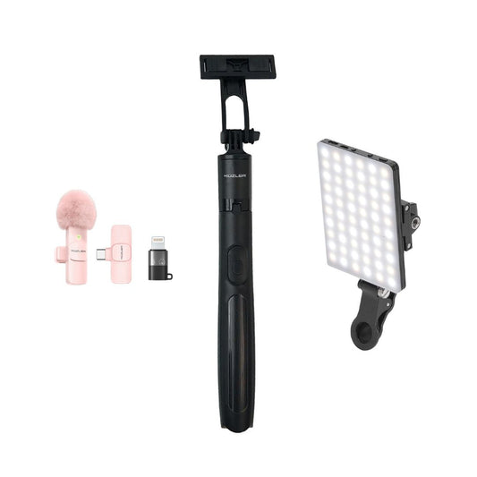 Pack: Trípode + Luz led + Micrófono Rosado para Celular