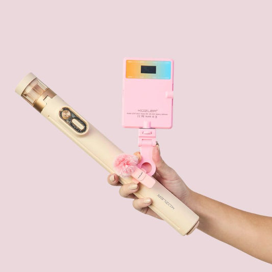Trípode Aesthetic + Luz Led Celular Rosada + Micrófono Rosado