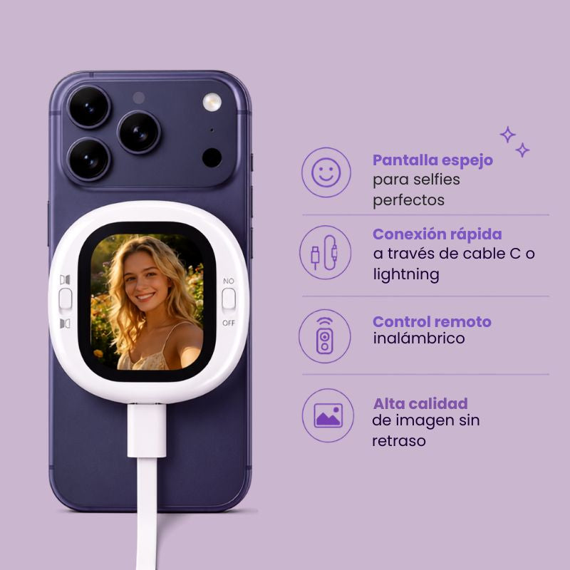 Trípode Iconic Lila + Luz Led Lila + Micrófono Lila + Pantalla Selfie