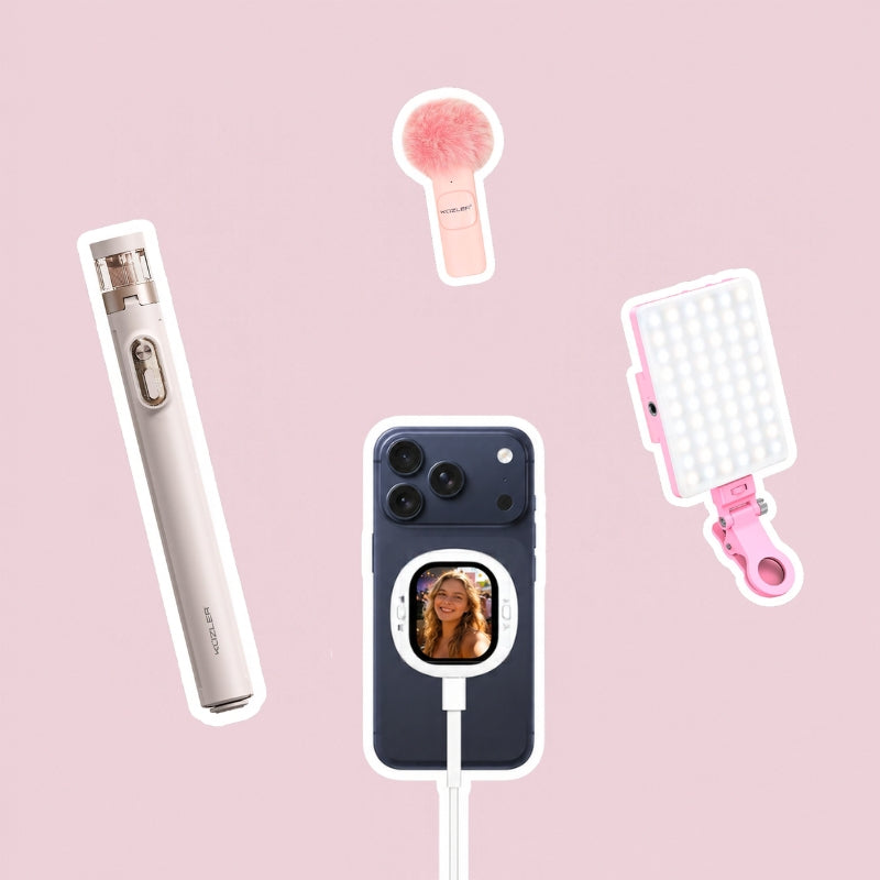 Trípode Aesthetic + Luz Led Rosada + Micrófono Rosado + Pantalla Selfie