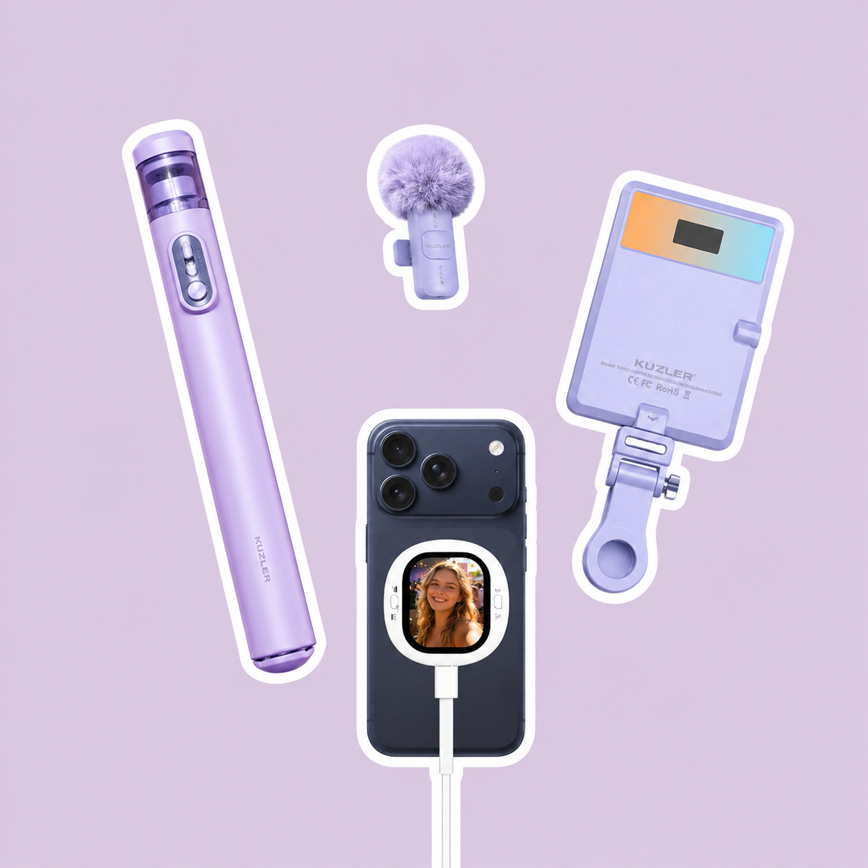 Trípode Iconic Lila + Luz Led Lila + Micrófono Lila + Pantalla Selfie