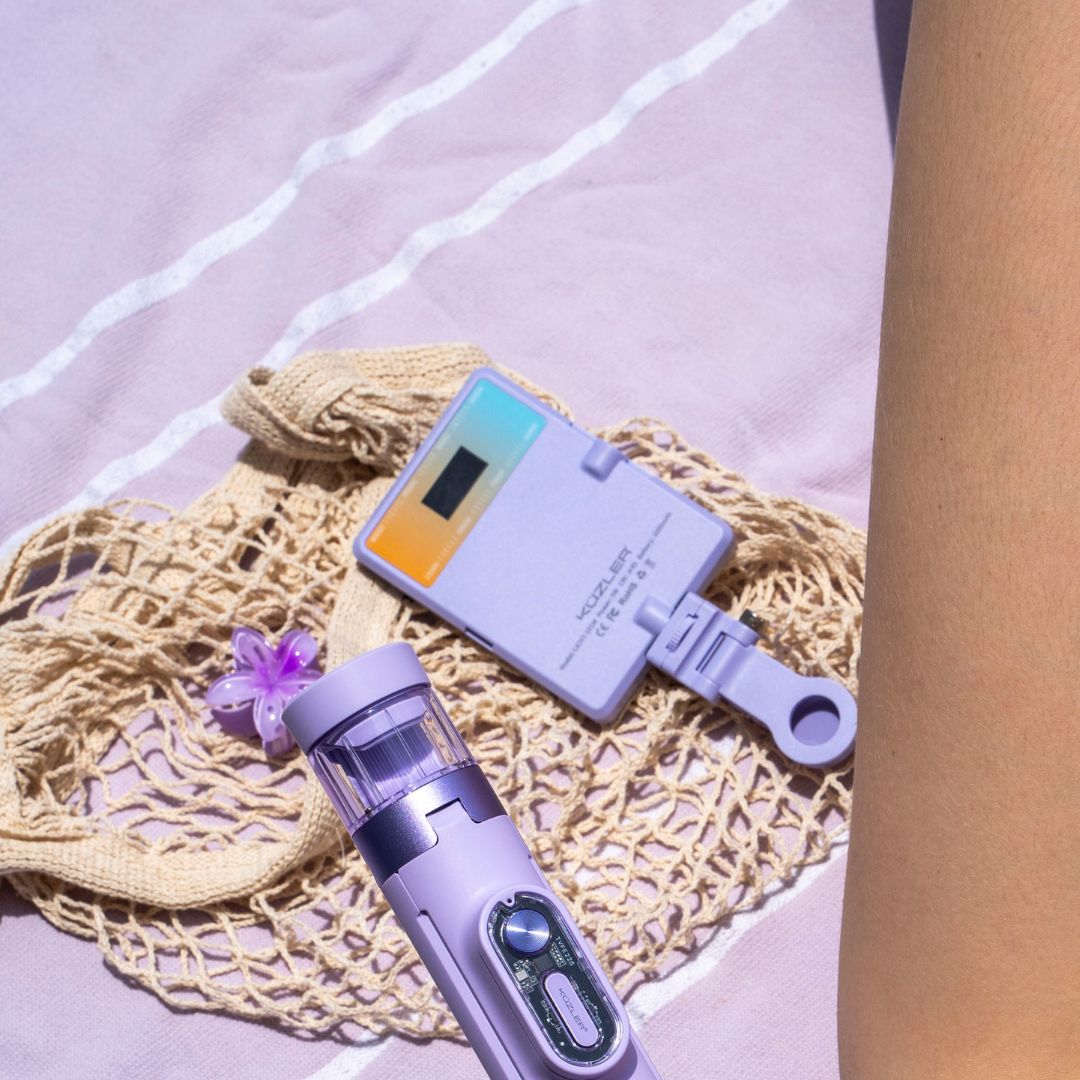 Trípode Aesthetic + Luz Led Celular Lila + Micrófono Rosado + Cargador Lila