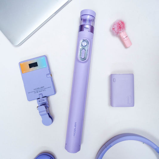 Pack San Valentin: Trípode Lila, Luz Lila, Powerbank Lila y Micrófono rosado