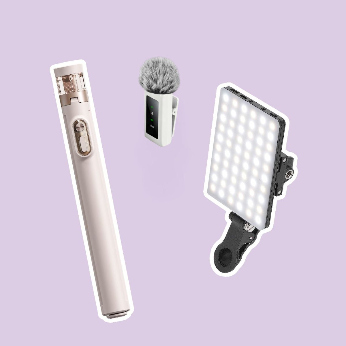 Pack Trípode Beige, Luz led y Micrófono Dual Profesional
