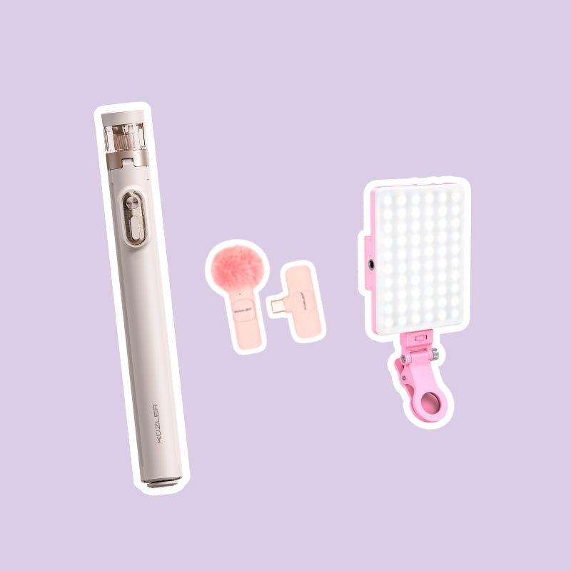 Trípode Aesthetic + Luz Led Celular Rosada + Micrófono Rosado