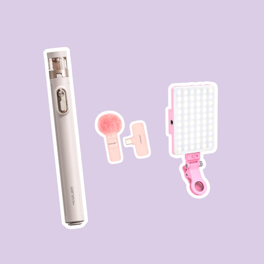 Trípode Aesthetic + Luz Led Celular Rosada + Micrófono Rosado