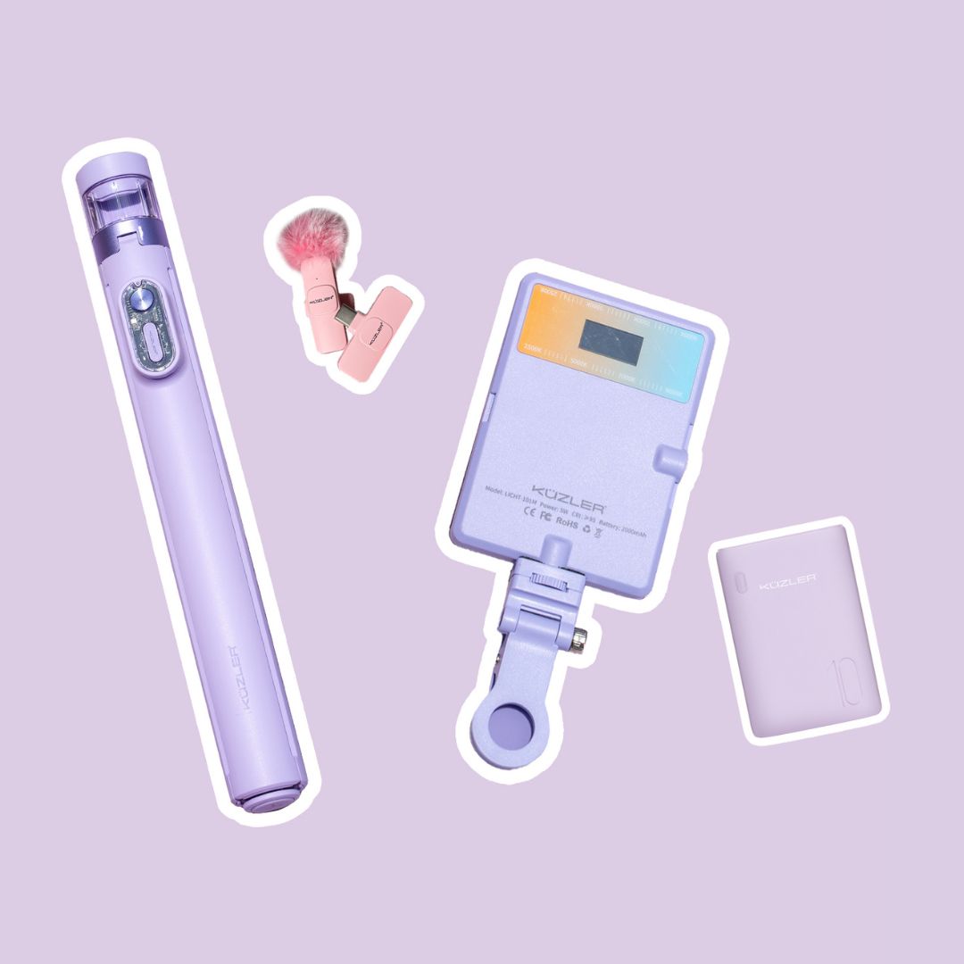 Pack San Valentin: Trípode Lila, Luz Lila, Powerbank Lila y Micrófono rosado