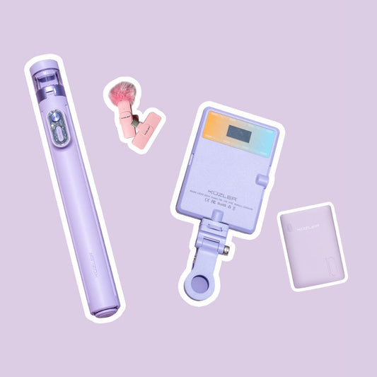 Pack San Valentin: Trípode Lila, Luz Lila, Powerbank Lila y Micrófono rosado