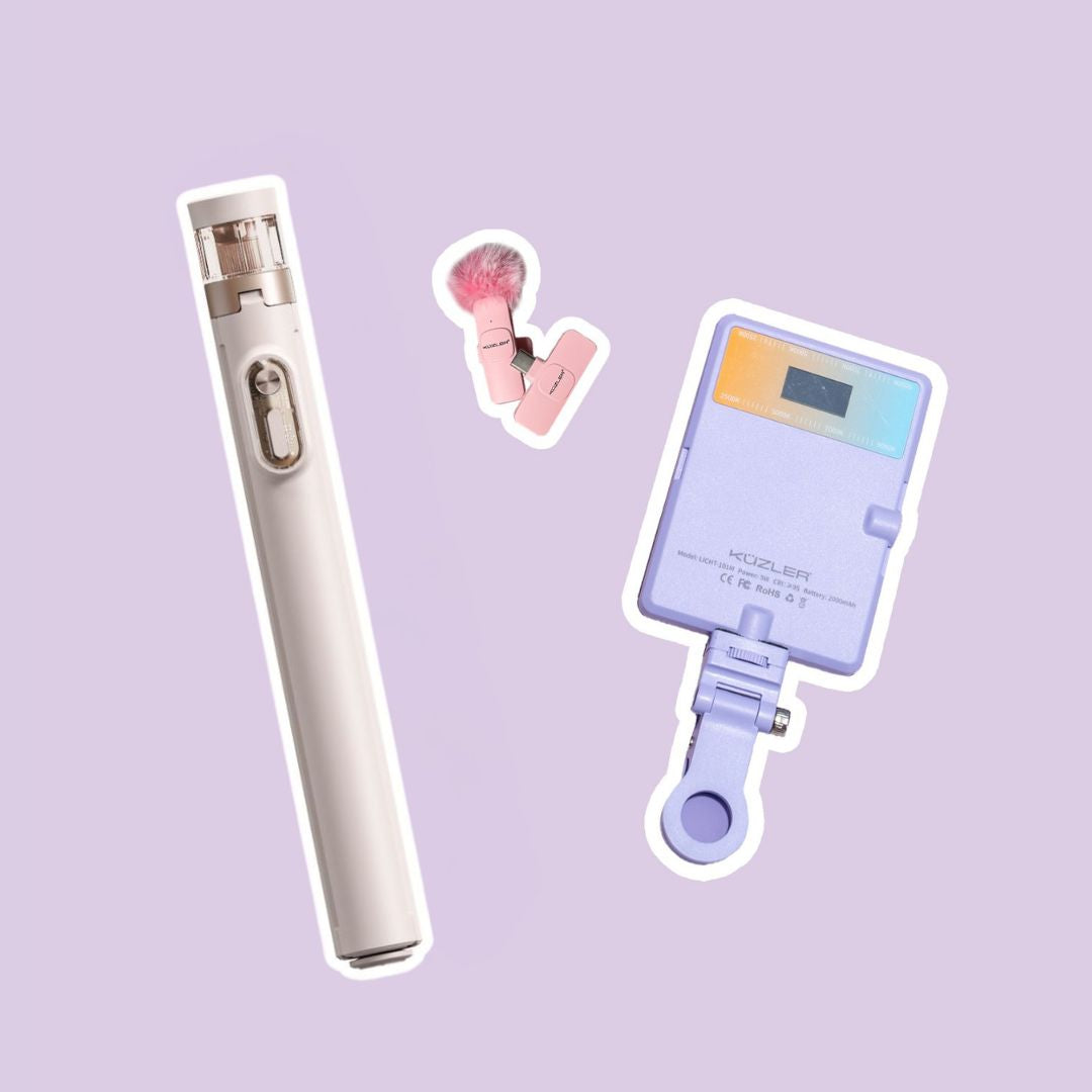 Trípode Aesthetic + Luz Led Celular Lila + Micrófono Rosado