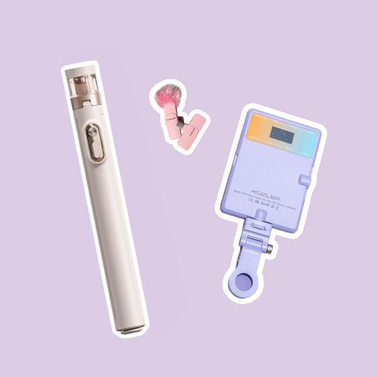 Trípode Aesthetic + Luz Led Celular Lila + Micrófono Rosado