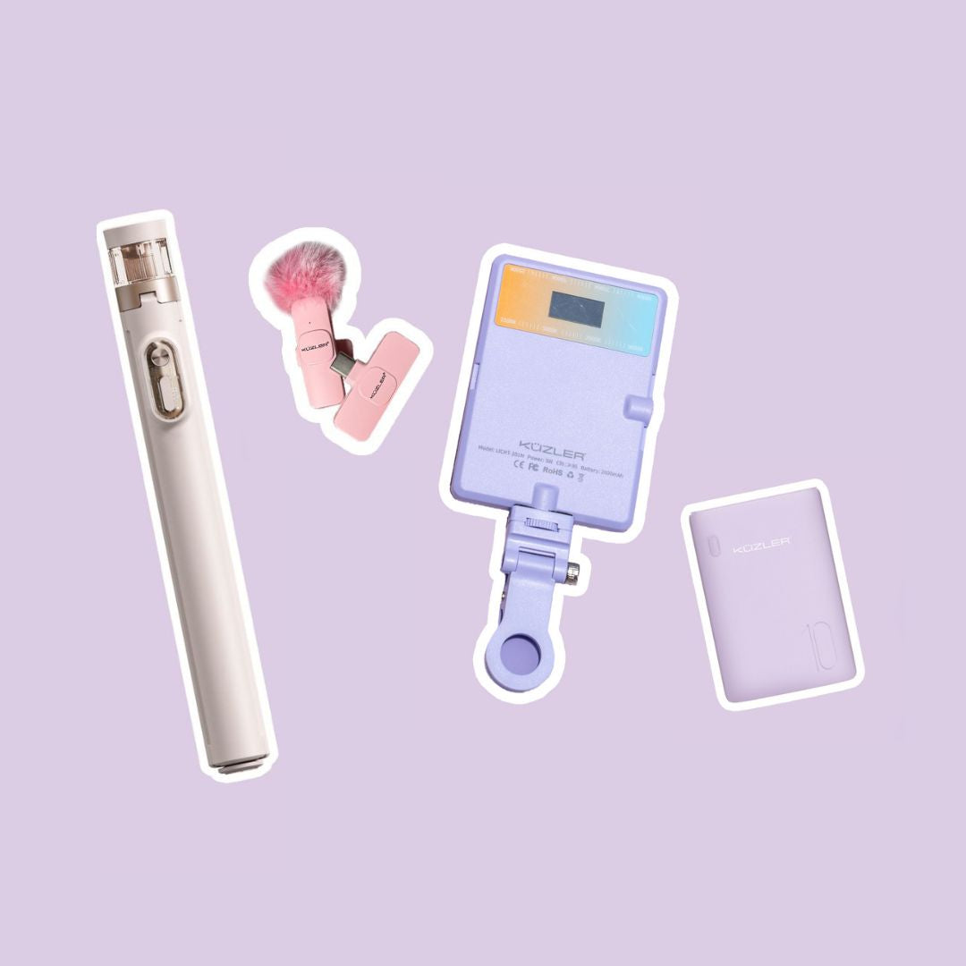 Trípode Aesthetic + Luz Led Celular Lila + Micrófono Rosado + Cargador Lila