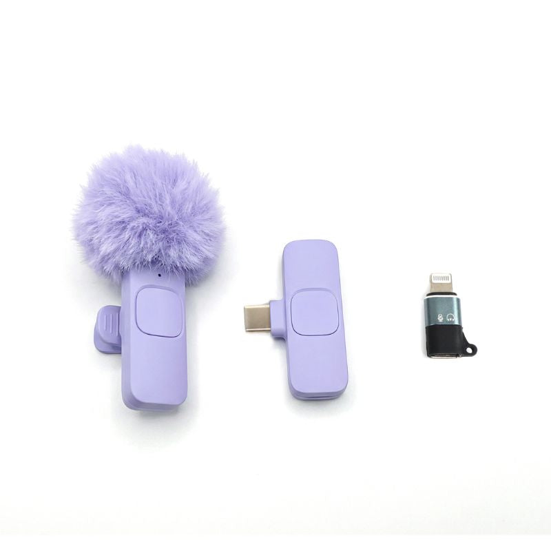 Micrófono Lila Inalámbrico Tipo C para celular con Adaptador para iPhone
