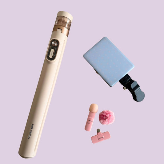 Trípode Aesthetic + Luz Led Celular + Micrófono Rosado