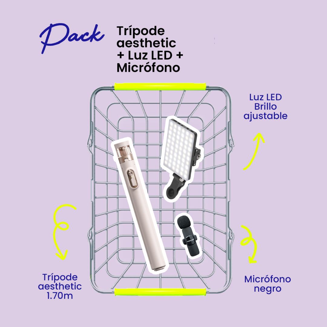 Trípode Aesthetic + Luz Led Celular + Micrófono Negro