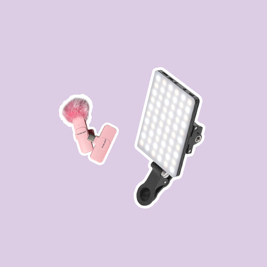 Pack Luz led + Micrófono para Celular Rosado