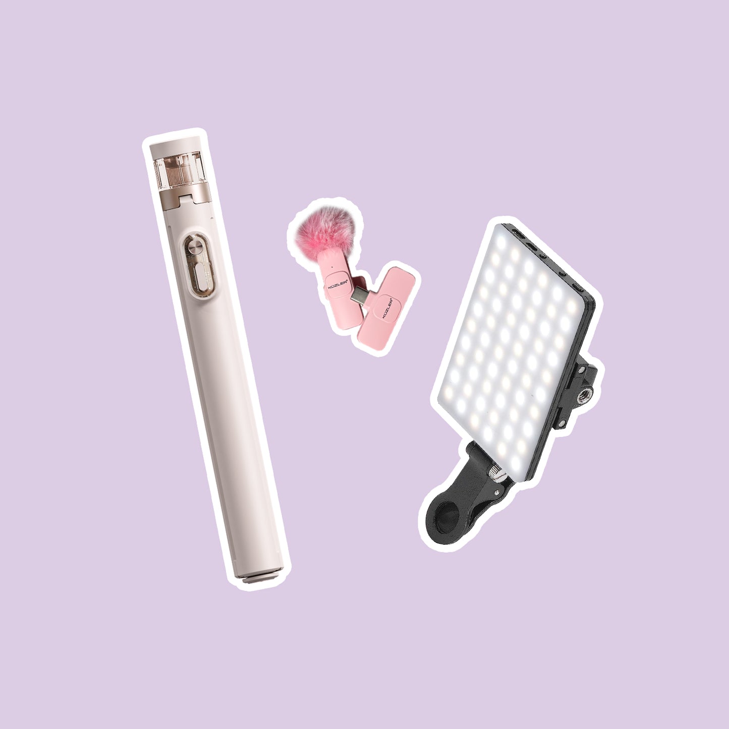 Trípode Aesthetic + Luz Led Celular + Micrófono Rosado