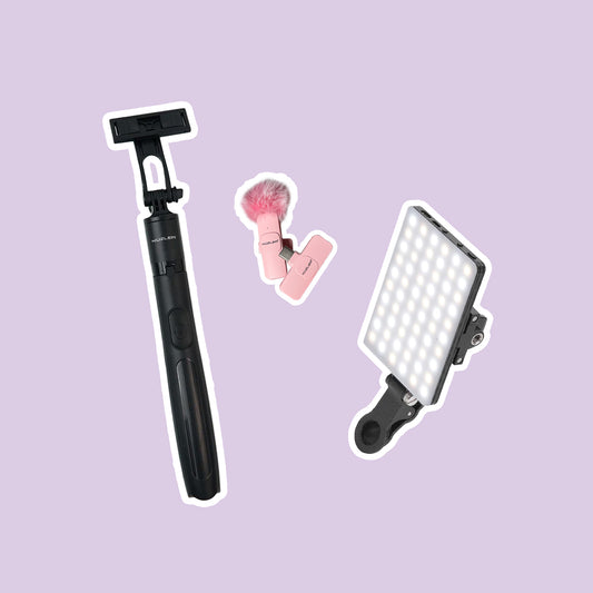 Pack: Trípode + Luz led + Micrófono Rosado para Celular
